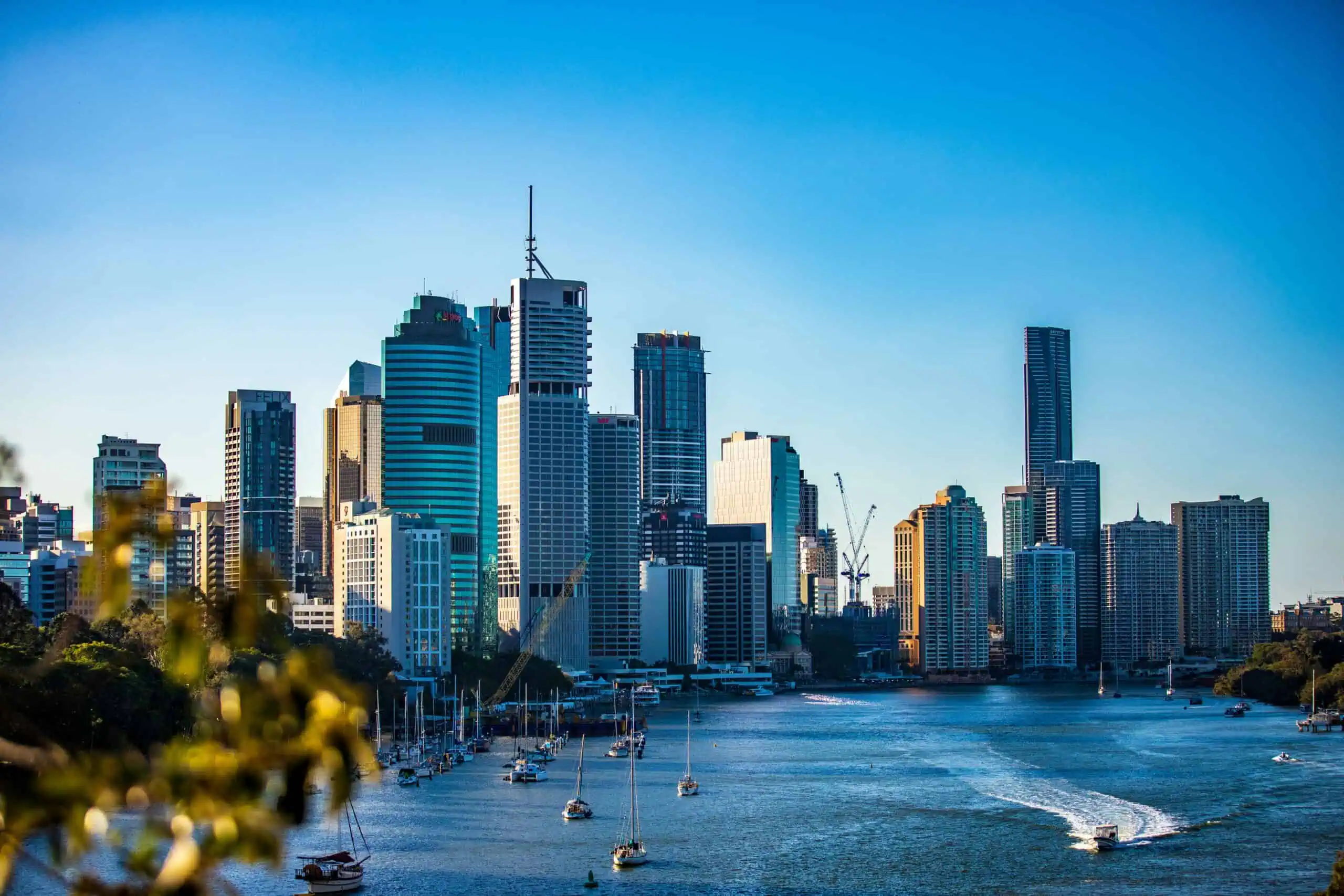 View of the Brisbane River in the forefront and the city line in the background.